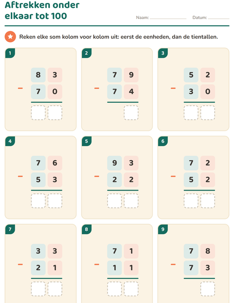Voorbeeld van het Sommen onder elkaar-werkblad voor groep 4