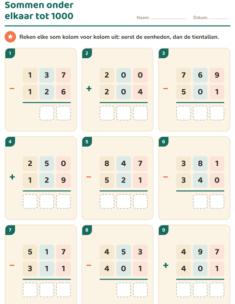 Voorbeeld van het Sommen onder elkaar-werkblad voor groep 4