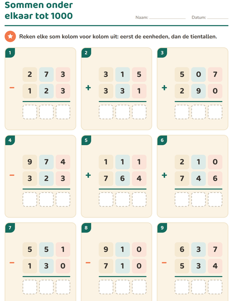 Voorbeeld van het Sommen onder elkaar-werkblad voor groep 4
