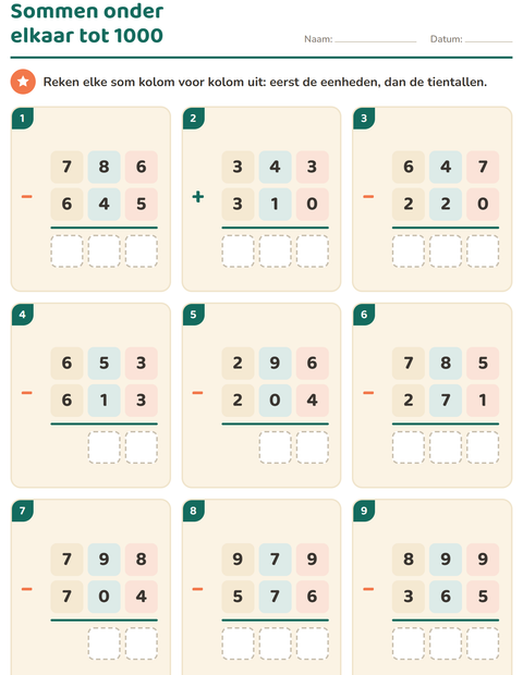 Voorbeeld van het Sommen onder elkaar-werkblad voor groep 4
