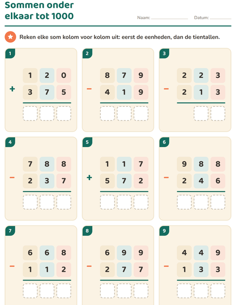 Voorbeeld van het Sommen onder elkaar-werkblad voor groep 4