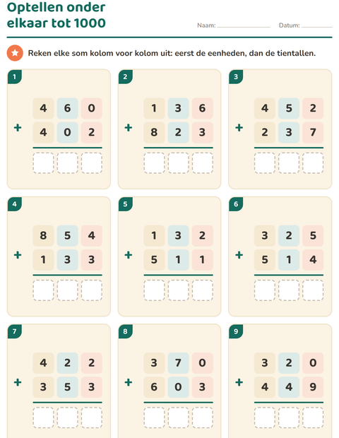 Voorbeeld van het Sommen onder elkaar-werkblad voor groep 4