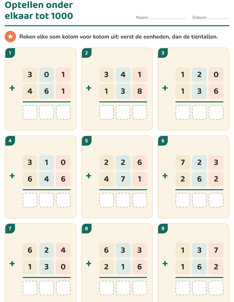 Voorbeeld van het Sommen onder elkaar-werkblad voor groep 4