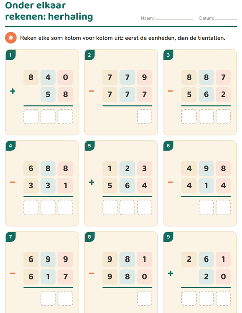 Voorbeeld van het Sommen onder elkaar-werkblad voor groep 4