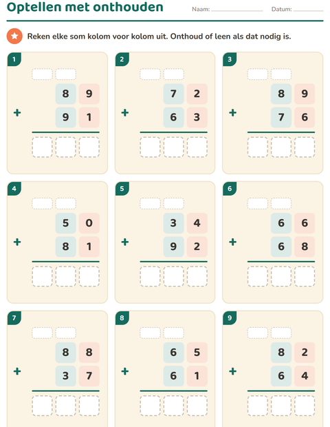 Voorbeeld van het Sommen onder elkaar-werkblad voor groep 5