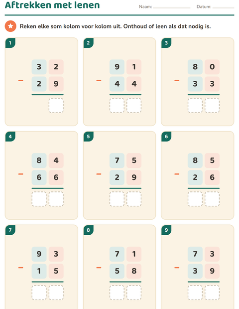 Voorbeeld van het Sommen onder elkaar-werkblad voor groep 5