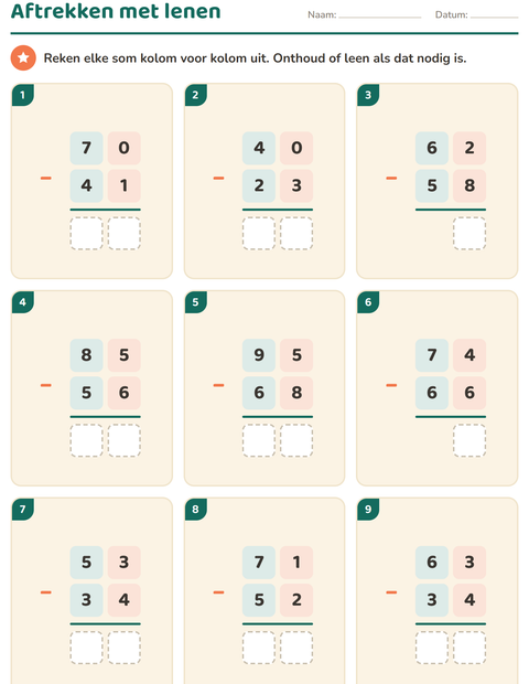 Voorbeeld van het Sommen onder elkaar-werkblad voor groep 5