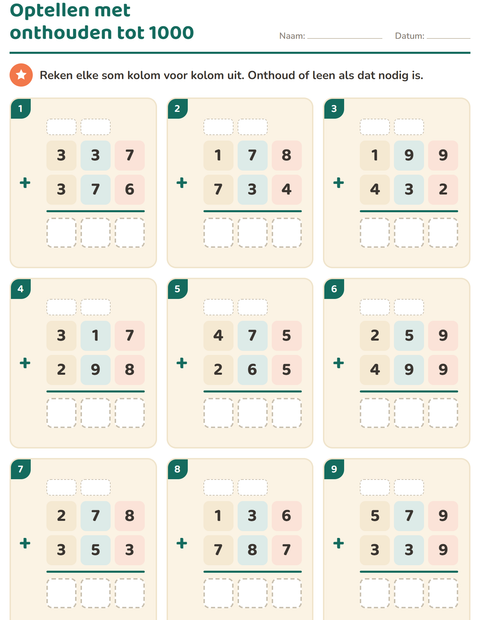 Voorbeeld van het Sommen onder elkaar-werkblad voor groep 5