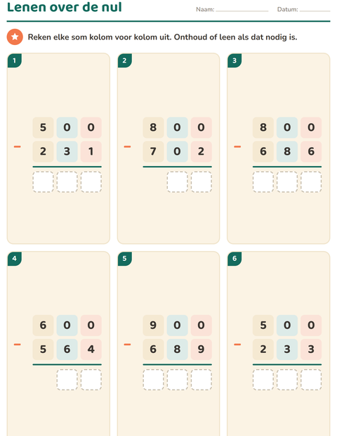 Voorbeeld van het Sommen onder elkaar-werkblad voor groep 5