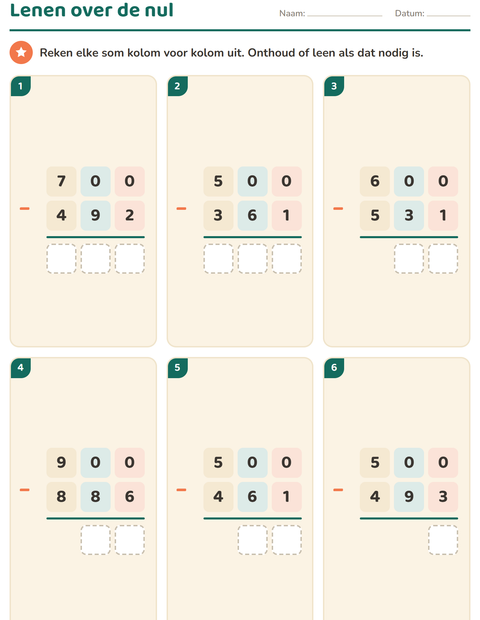 Voorbeeld van het Sommen onder elkaar-werkblad voor groep 5