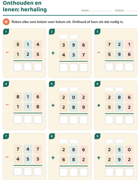 Voorbeeld van het Sommen onder elkaar-werkblad voor groep 5