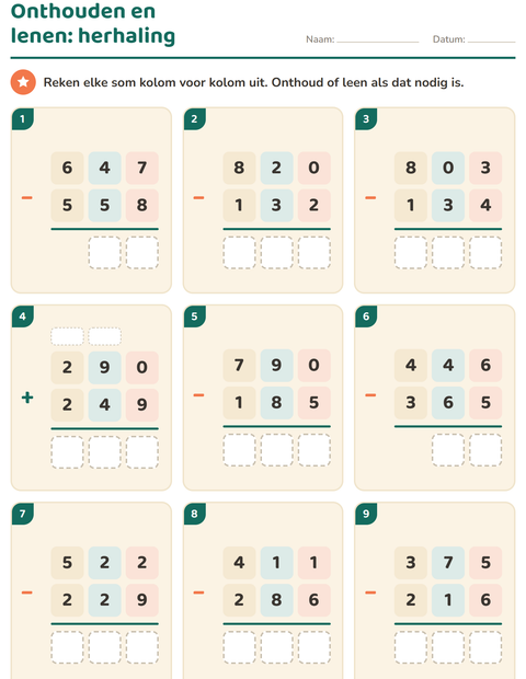 Voorbeeld van het Sommen onder elkaar-werkblad voor groep 5