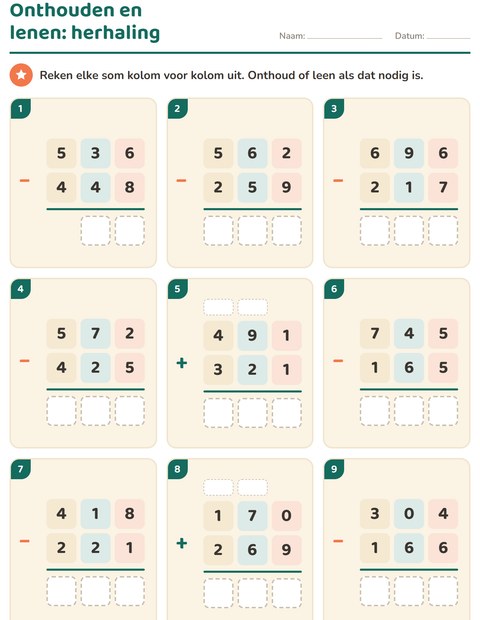 Voorbeeld van het Sommen onder elkaar-werkblad voor groep 5