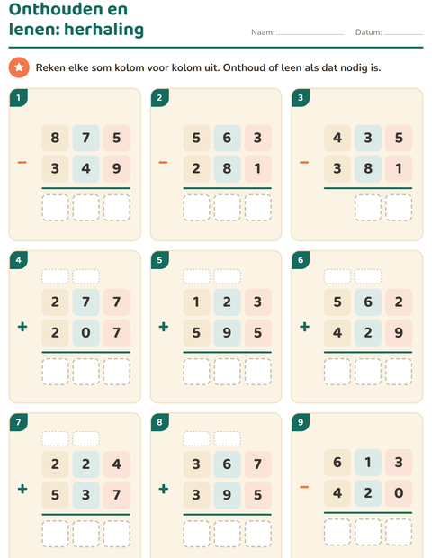 Voorbeeld van het Sommen onder elkaar-werkblad voor groep 5