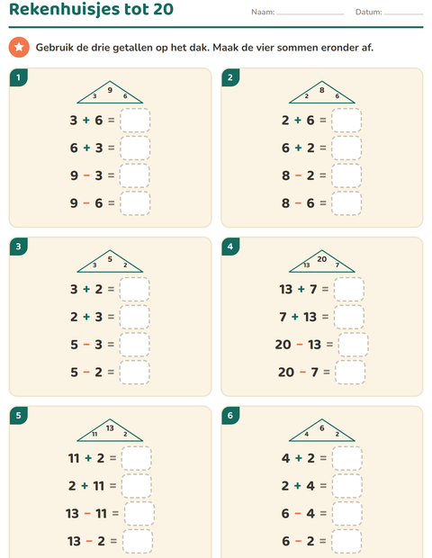 Rekenhuisjes tot 20 met zes huisjes