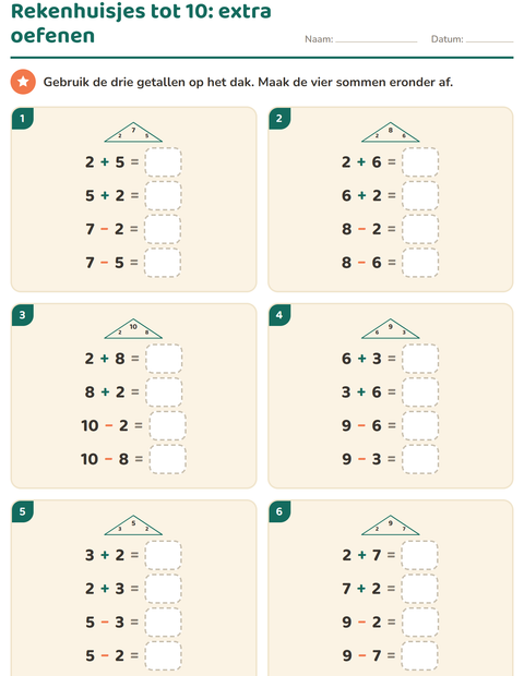 Rekenhuisjes tot 10: zes huisjes extra oefenen