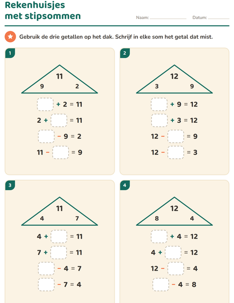 Voorbeeld van het Sommenfamilies-werkblad voor groep 3