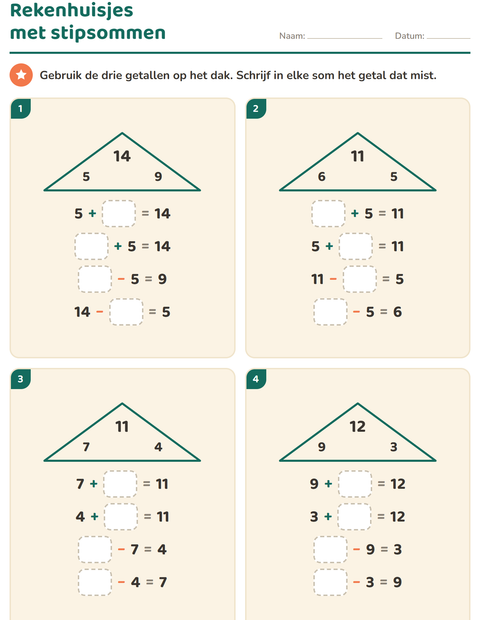 Voorbeeld van het Sommenfamilies-werkblad voor groep 3