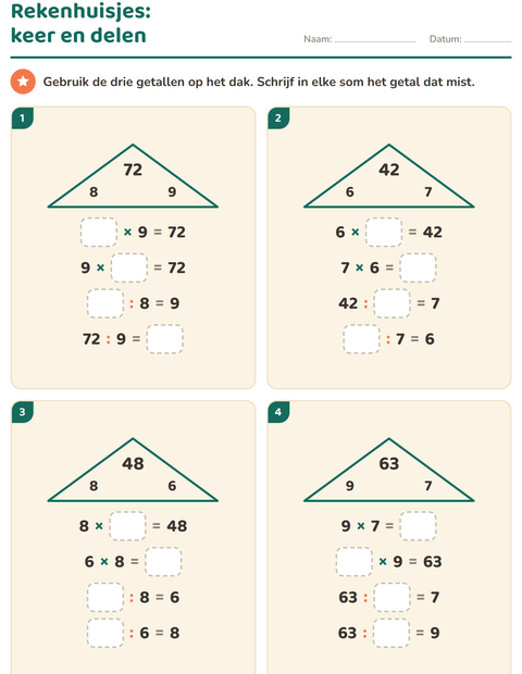 Voorbeeld van het Sommenfamilies-werkblad voor groep 5