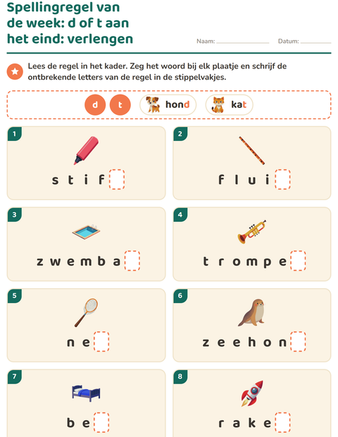 Voorbeeld van het Spellingregels-werkblad voor groep 4