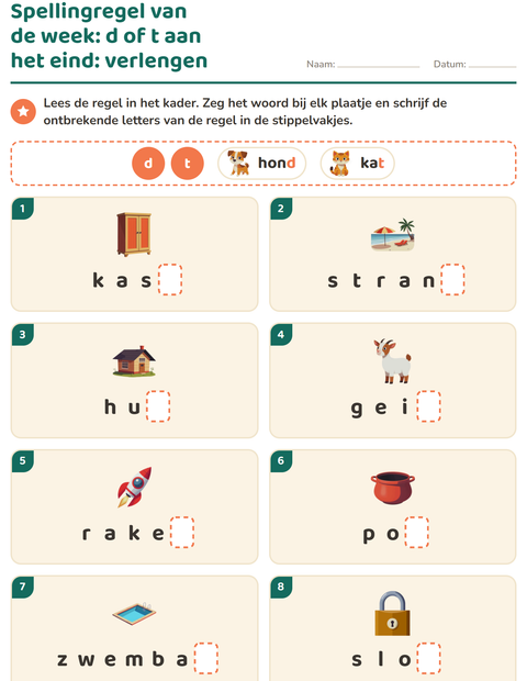 Voorbeeld van het Spellingregels-werkblad voor groep 4