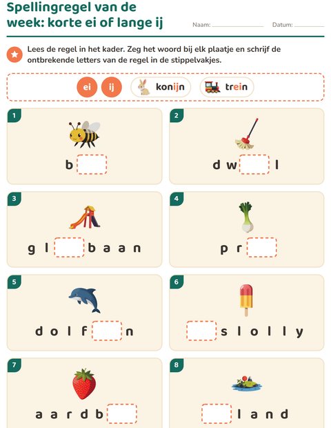 Voorbeeld van het Spellingregels-werkblad voor groep 4