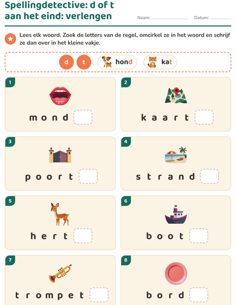 Voorbeeld van het Spellingregels-werkblad voor groep 4