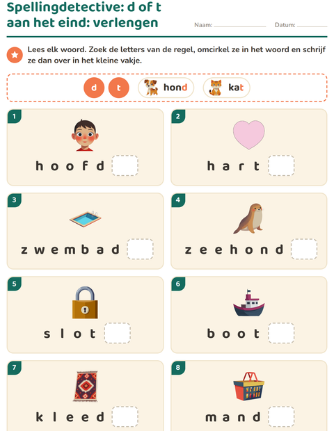 Voorbeeld van het Spellingregels-werkblad voor groep 4