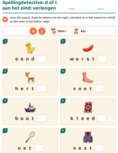 Voorbeeld van het Spellingregels-werkblad voor groep 4