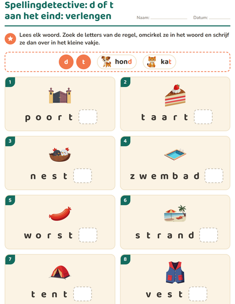 Voorbeeld van Spellingdetective: vind de regelletter in het hele woord