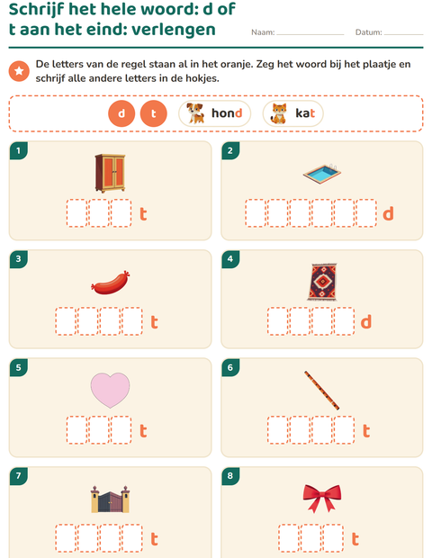 Voorbeeld van het Spellingregels-werkblad voor groep 4