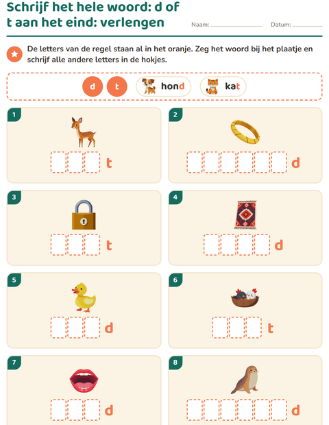 Voorbeeld van het Spellingregels-werkblad voor groep 4