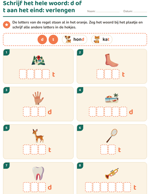 Voorbeeld van het Spellingregels-werkblad voor groep 4