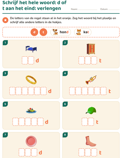 Voorbeeld van het Spellingregels-werkblad voor groep 4