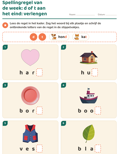 Voorbeeld van het Spellingregels-werkblad voor groep 4