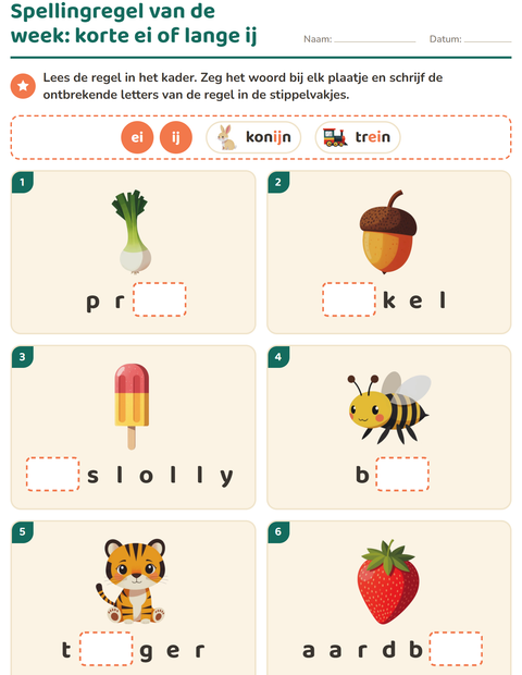 Voorbeeld van het Spellingregels-werkblad voor groep 4