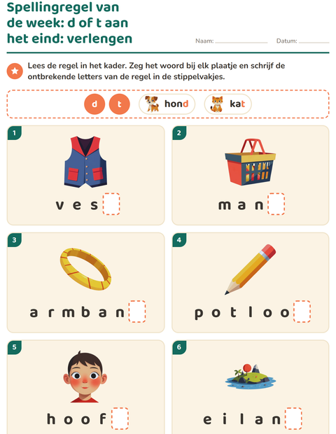 Voorbeeld van het Spellingregels-werkblad voor groep 4