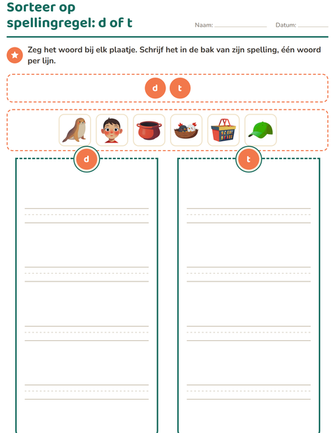 Voorbeeld van het Spellingregels-werkblad voor groep 4
