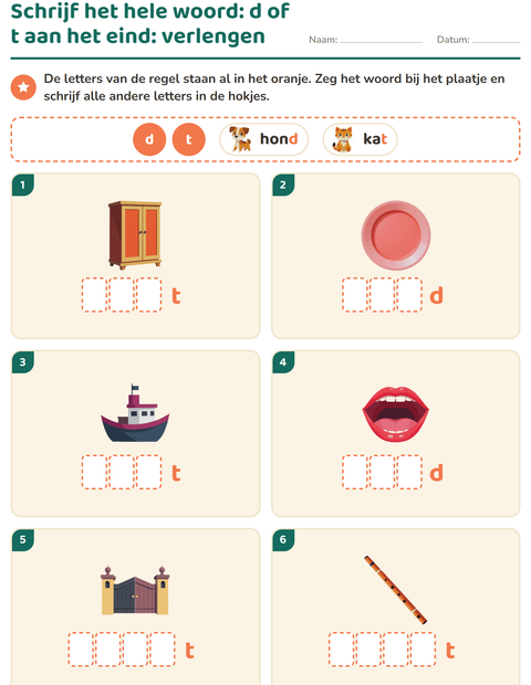 Voorbeeld van het Spellingregels-werkblad voor groep 4