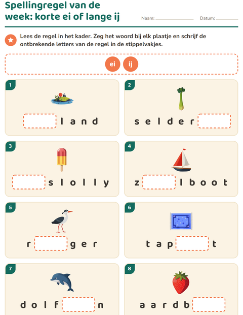 Voorbeeld van het Spellingregels-werkblad voor groep 4