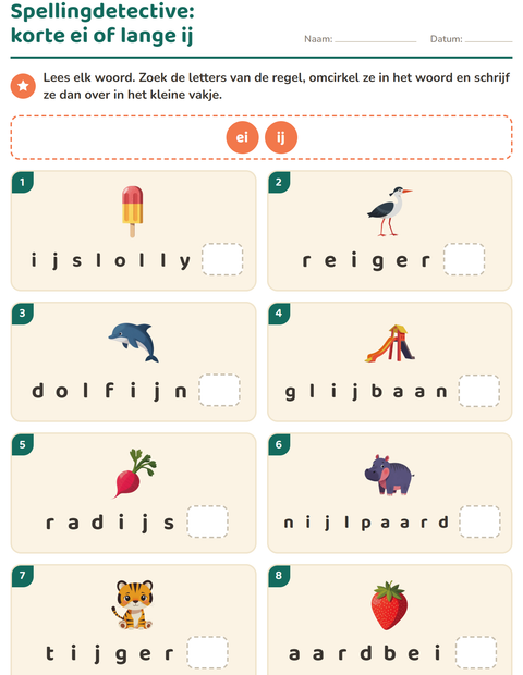 Voorbeeld van het Spellingregels-werkblad voor groep 4