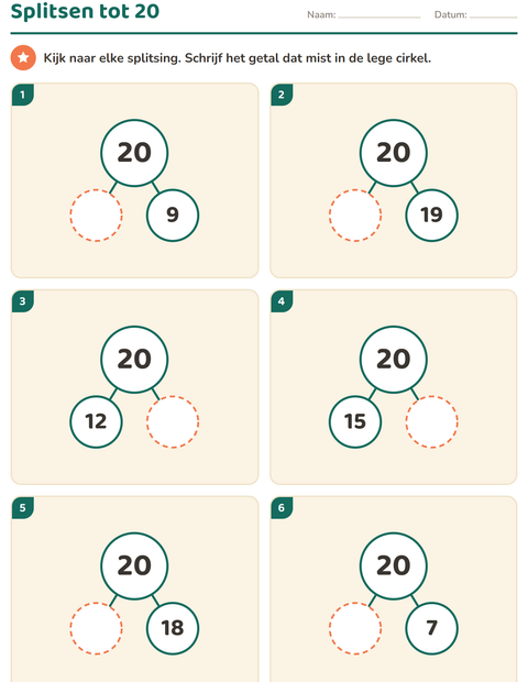 Voorbeeld van het Splitsen-werkblad voor kleuterklas