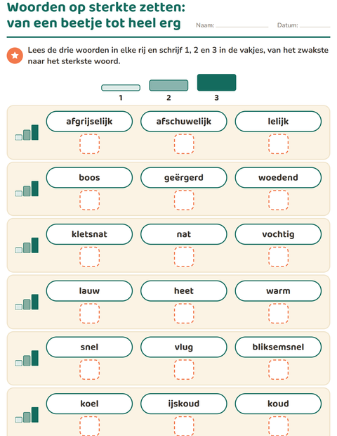 Voorbeeld van het Synoniemen-werkblad voor groep 3