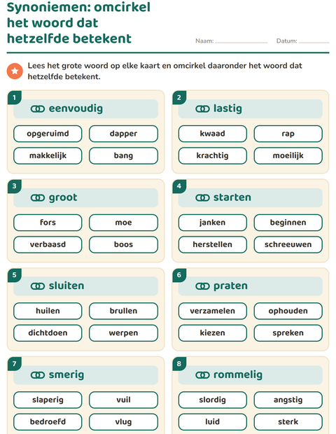 Voorbeeld van het Synoniemen-werkblad voor groep 4