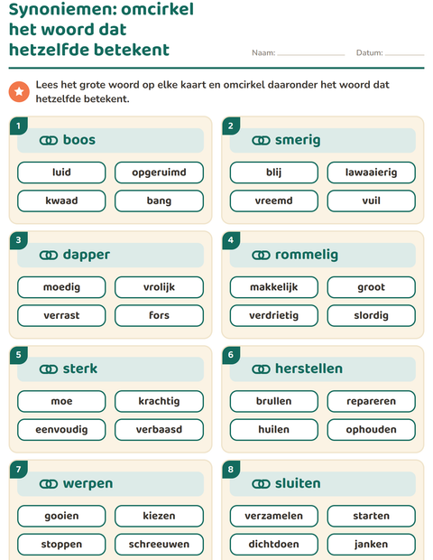 Voorbeeld van het Synoniemen-werkblad voor groep 4