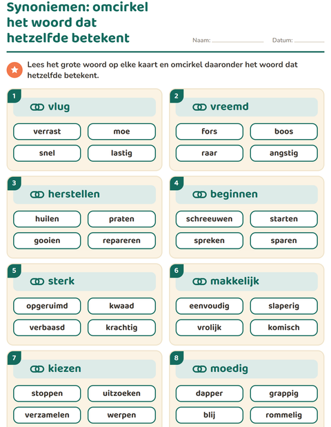 Voorbeeld van het Synoniemen-werkblad voor groep 4