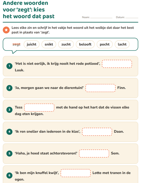Voorbeeld van het Synoniemen-werkblad voor groep 4