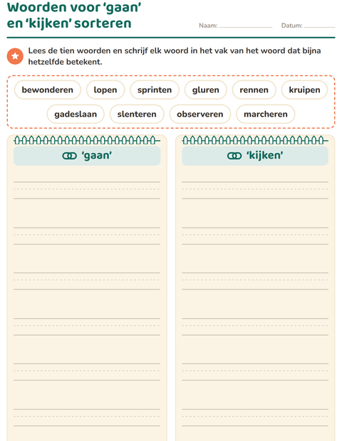 Voorbeeld van het Synoniemen-werkblad voor groep 5