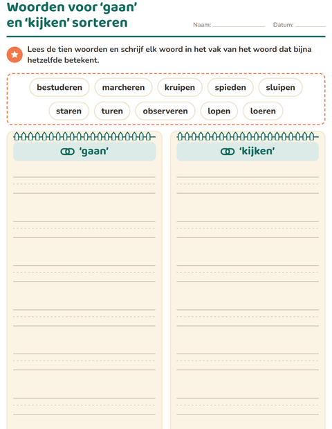 Voorbeeld van Woorden voor gaan en kijken sorteren