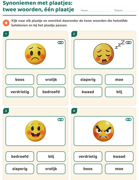 Voorbeeld van het Synoniemen-werkblad voor groep 3